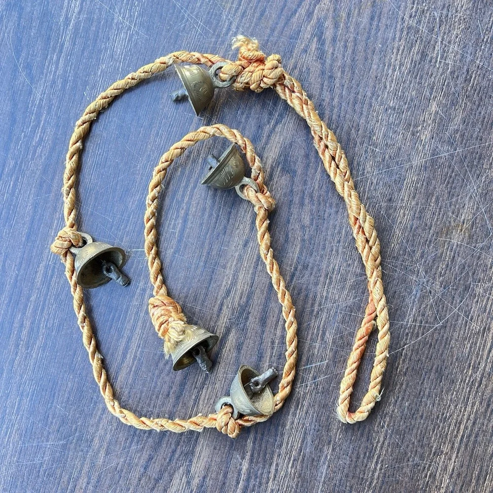 5 Vintage BRASS Bells On a Rope SARNA FARMHOUSE Door Chime